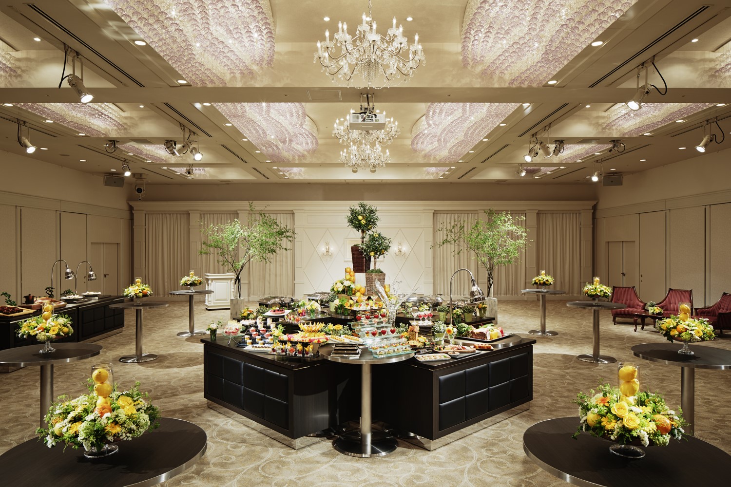 Hotel banquet room with a buffet display